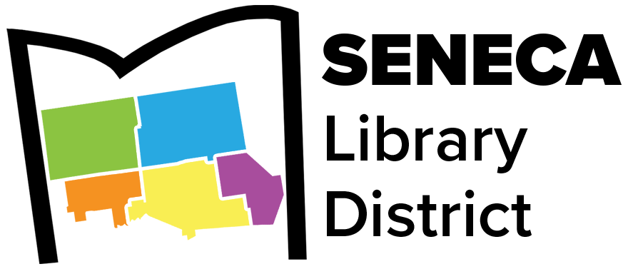 Seneca Library District logo - an image of a book overlaid onto a map of the five counties the District serves